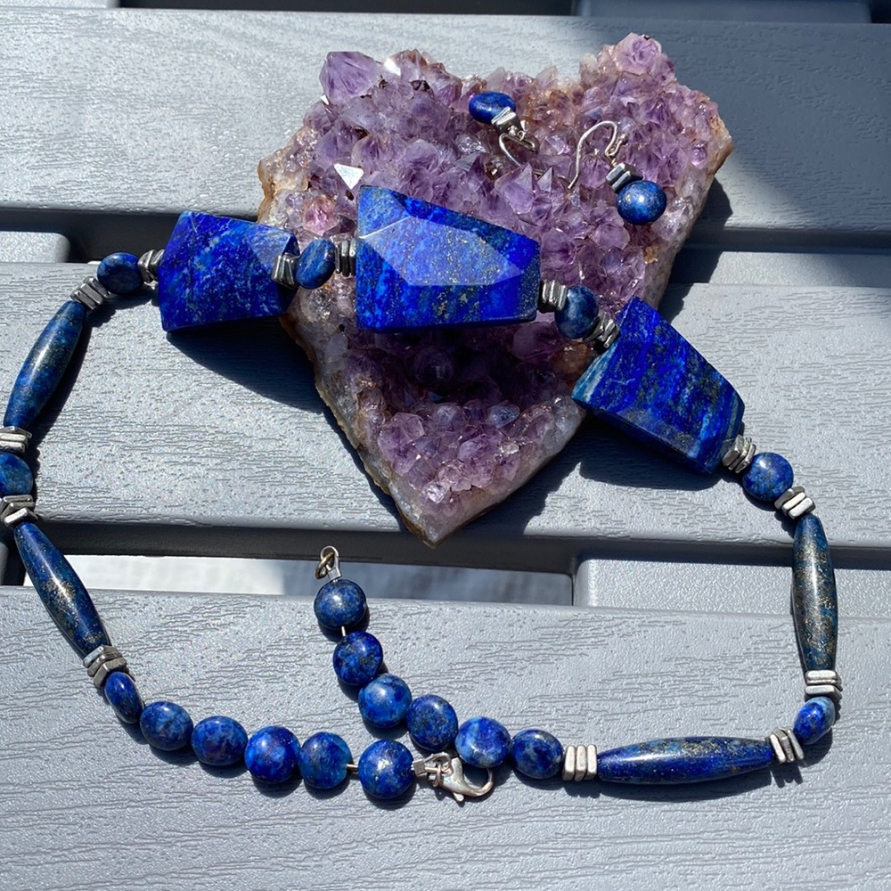 Blue Gold Lapis Lazuli & Sterling Silver Chunky Necklace & French Wire Earrings!